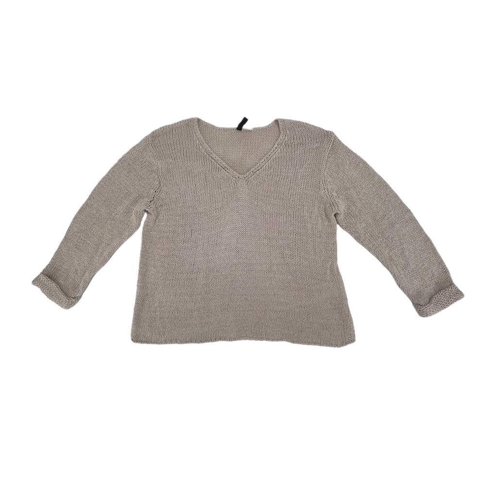 H&M Divided Cream Tan Knitted Long Cuffed Sleeve V-Neck Sweater Size 10 Women’s
